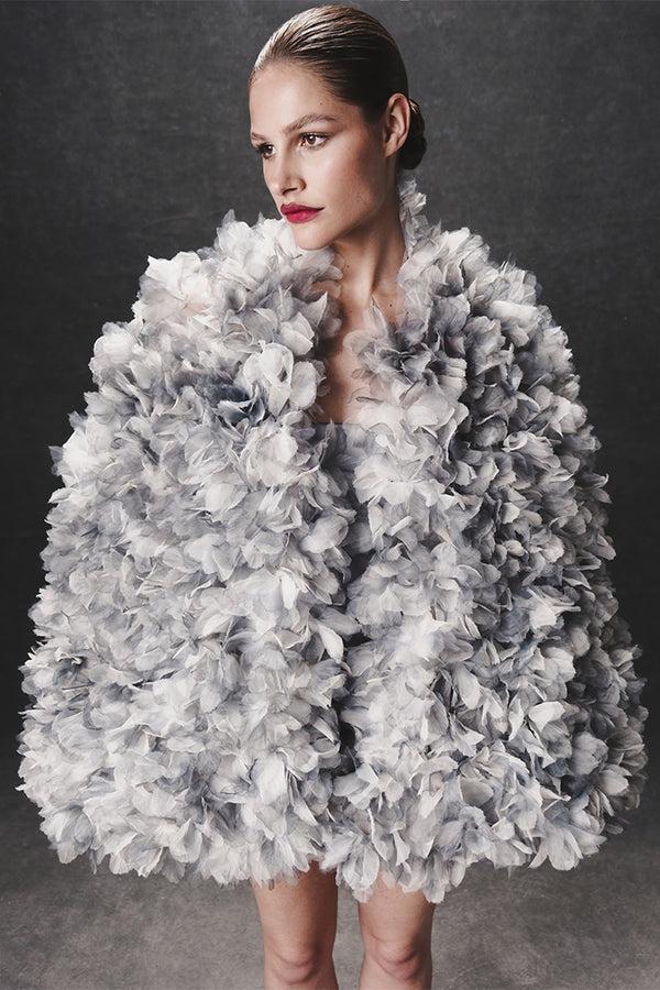 Rasario Voluminous Cape With Floral Trim Grey 066CP020 – RASARIO