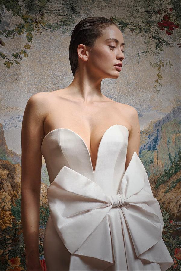 Rasario Wild Silk Corset Midi Dress With A Voluminous Bow White 010DD025 – RASARIO