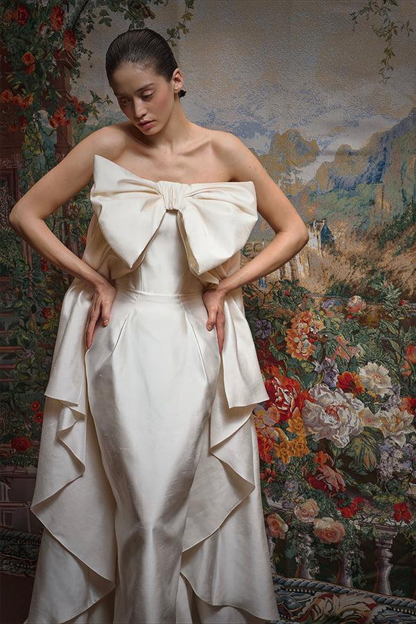 Rasario Wild Silk Maxi Dress With An Overskirt Train And A Voluminous Bow 013DX025 – RASARIO