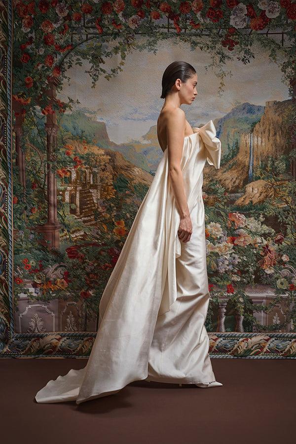 Rasario Wild Silk Maxi Dress With An Overskirt Train And A Voluminous Bow 013DX025 – RASARIO