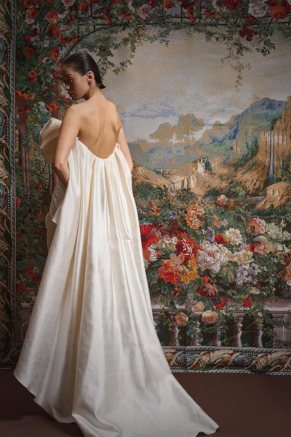 Rasario Wild Silk Maxi Dress With An Overskirt Train And A Voluminous Bow 013DX025 – RASARIO