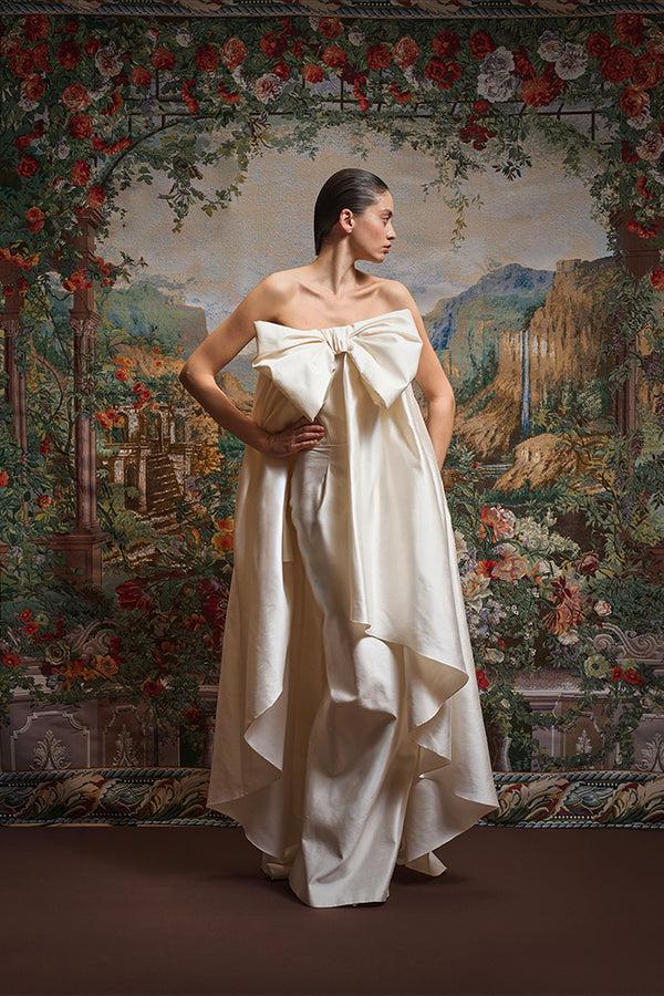 rasario Wild silk maxi dress with an overskirt train and a voluminous bow 013DX025 – RASARIO