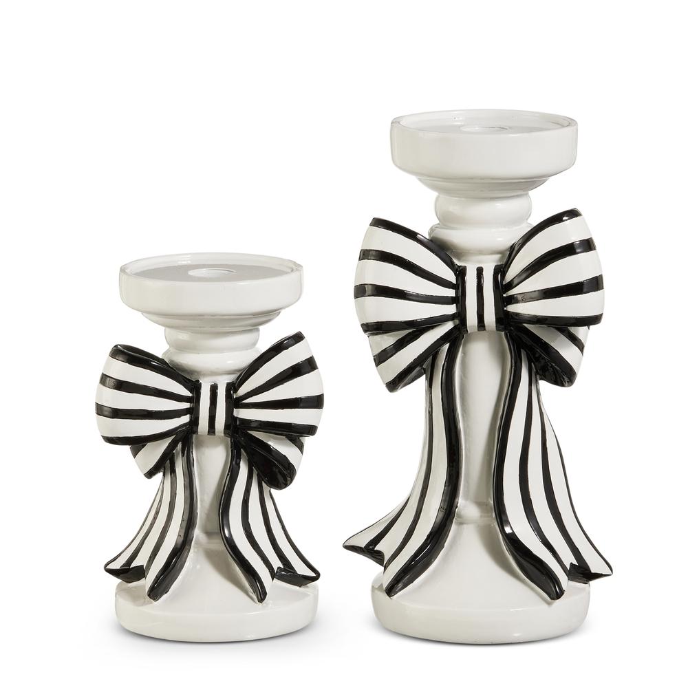RAZ Imports 10" Black and White Stripe Bow Candle Holders