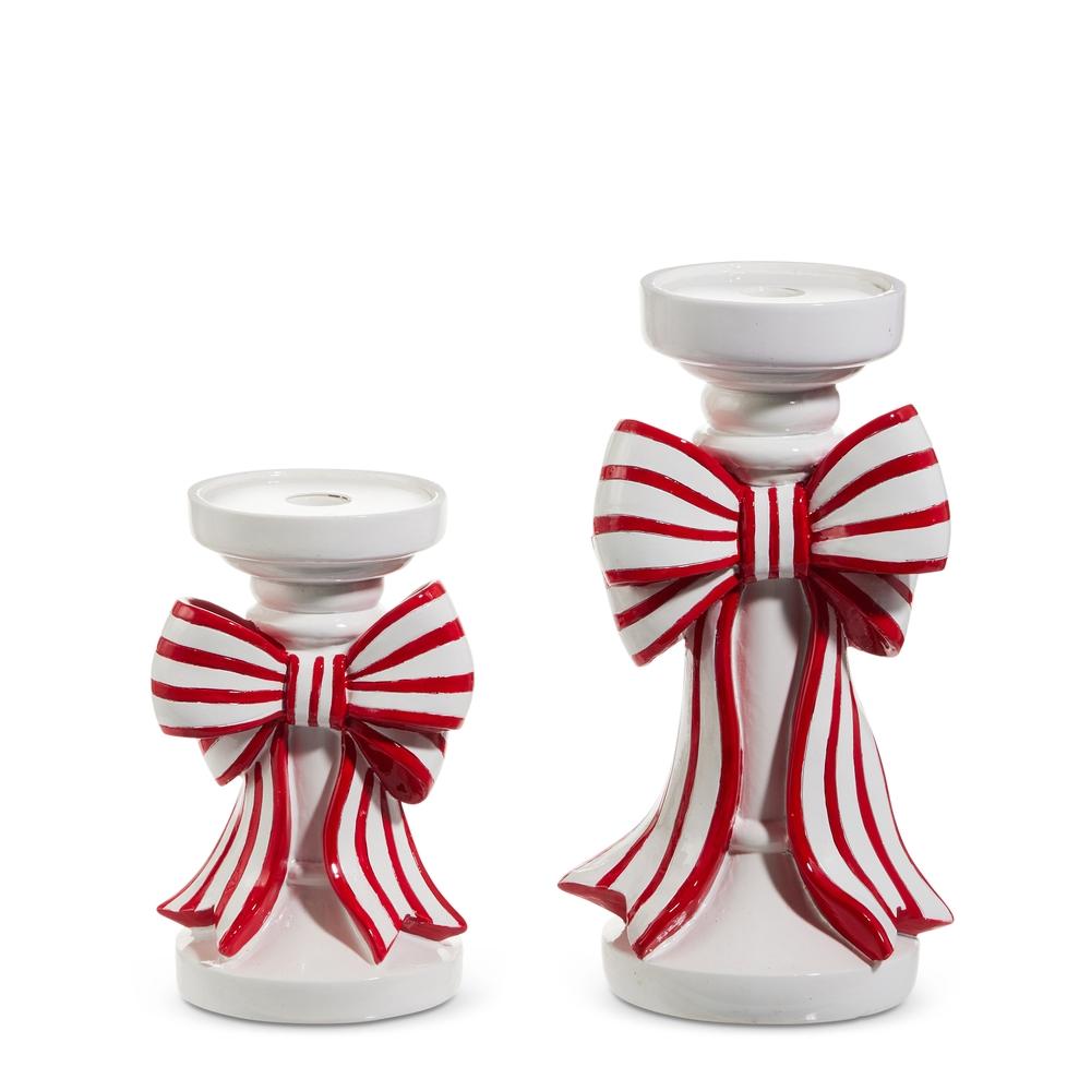 RAZ Imports 10" Red and White Stripe Bow Candle Holders