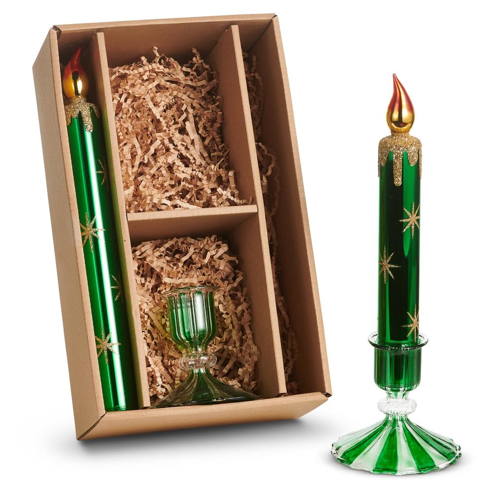 RAZ Imports 11" Box of Green Glass Candles and Holders