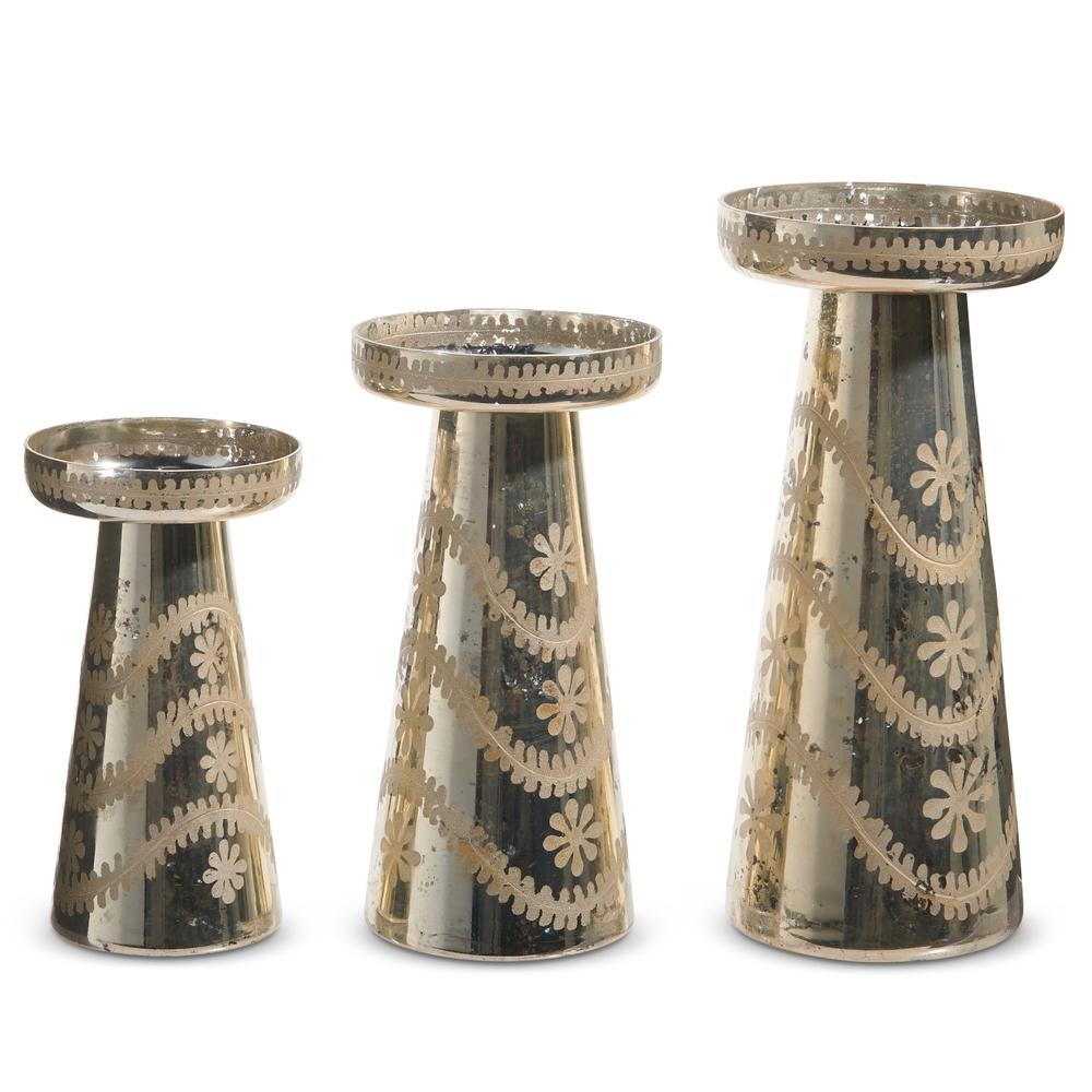 RAZ Imports 12" Etched Silver Mercury Glass Candle Holders