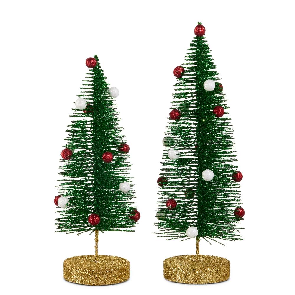 RAZ Imports 12" Green Tinsel Trees with Red and White Ornaments
