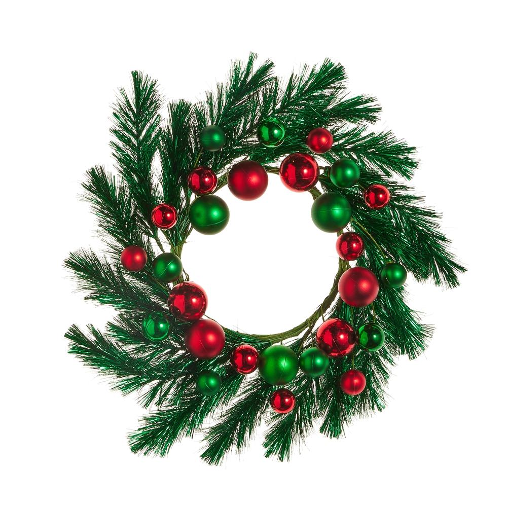 RAZ Imports 15" Green Tinsel and Ornament Mini Wreath Candle Ring