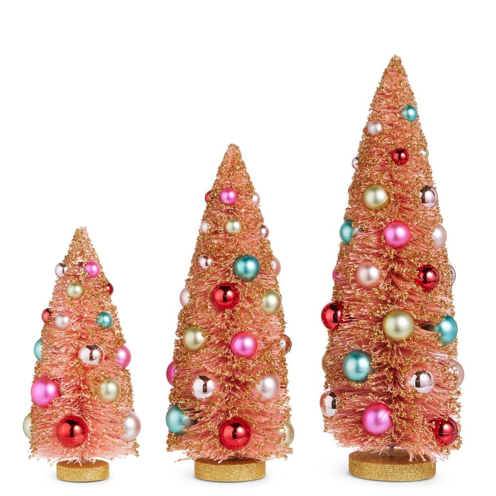 RAZ Imports 15" Pink Bottle Brush Trees with Gold Glitter