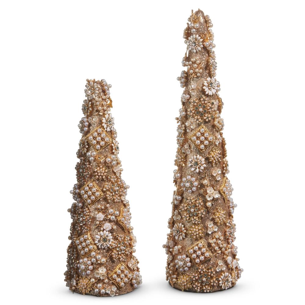RAZ Imports 17.5" Gold Jewel and Pearl Brooch Cone Trees