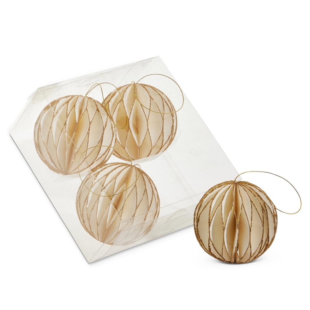 RAZ Imports 3.5" Box of White with Gold Glitter Paper Ball Ornaments