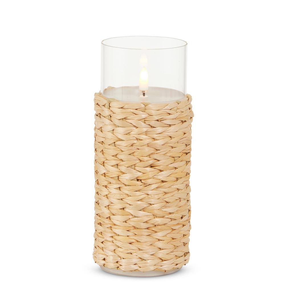 RAZ Imports 3" x 8" Woven Wrap Glass Ivory Pillar Candle