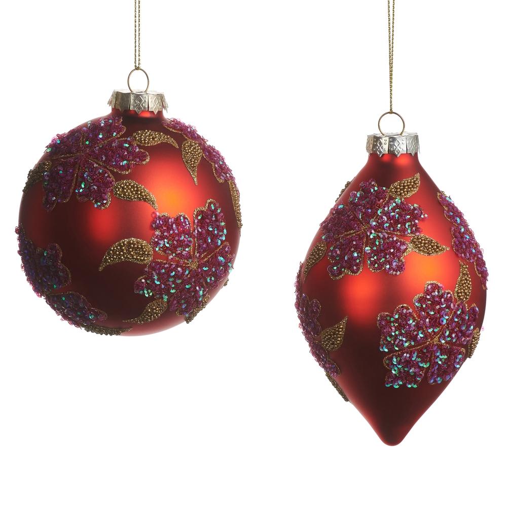 RAZ Imports 4" Glittered Floral Ball and Finial Ornament
