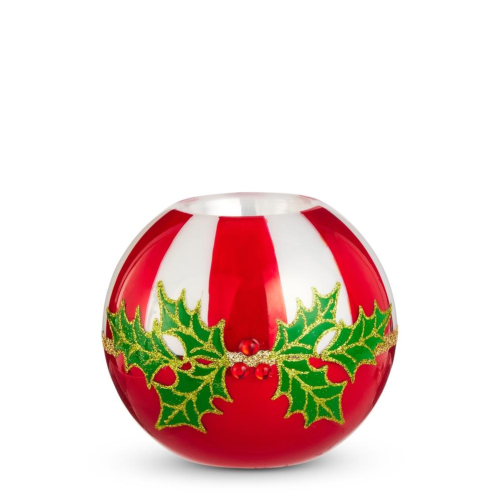 RAZ Imports 4" Red Stripe Holly Ball Tealight Holder