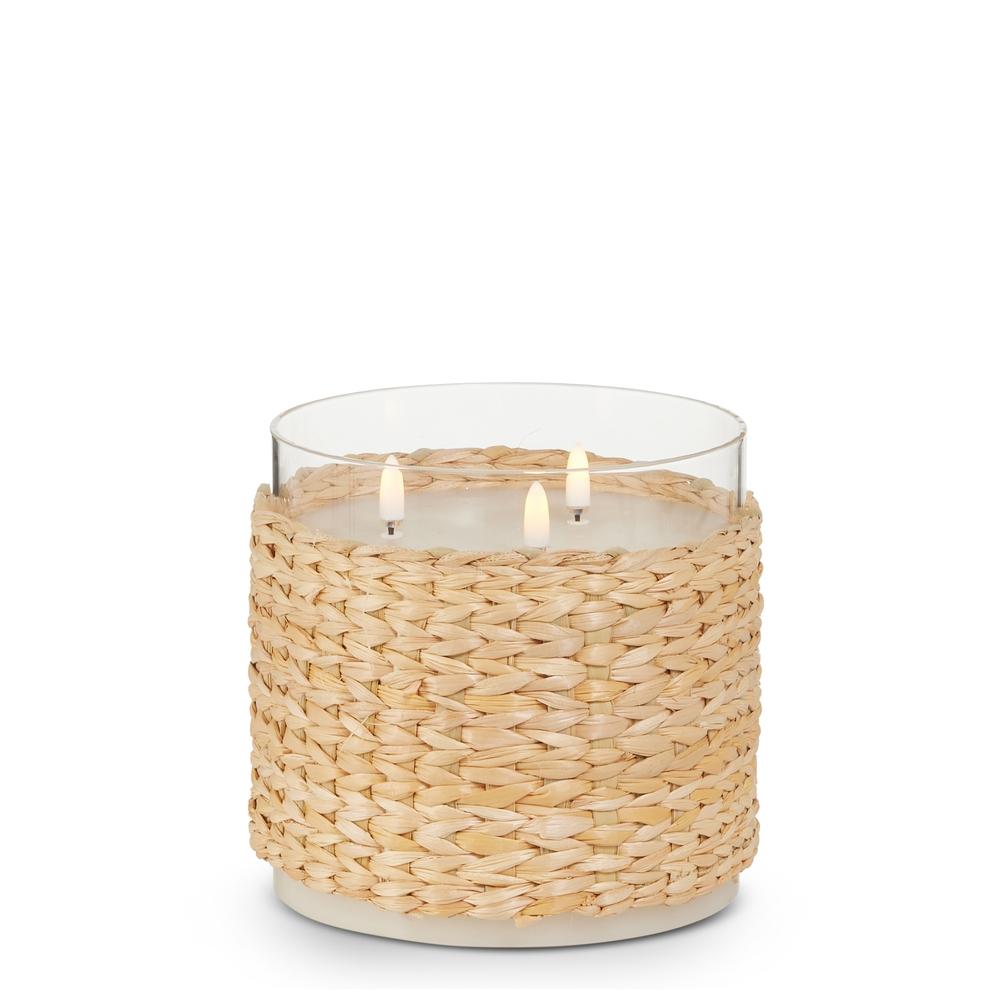 RAZ Imports 6" x 6" Woven Wrap Glass Ivory Pillar Candle