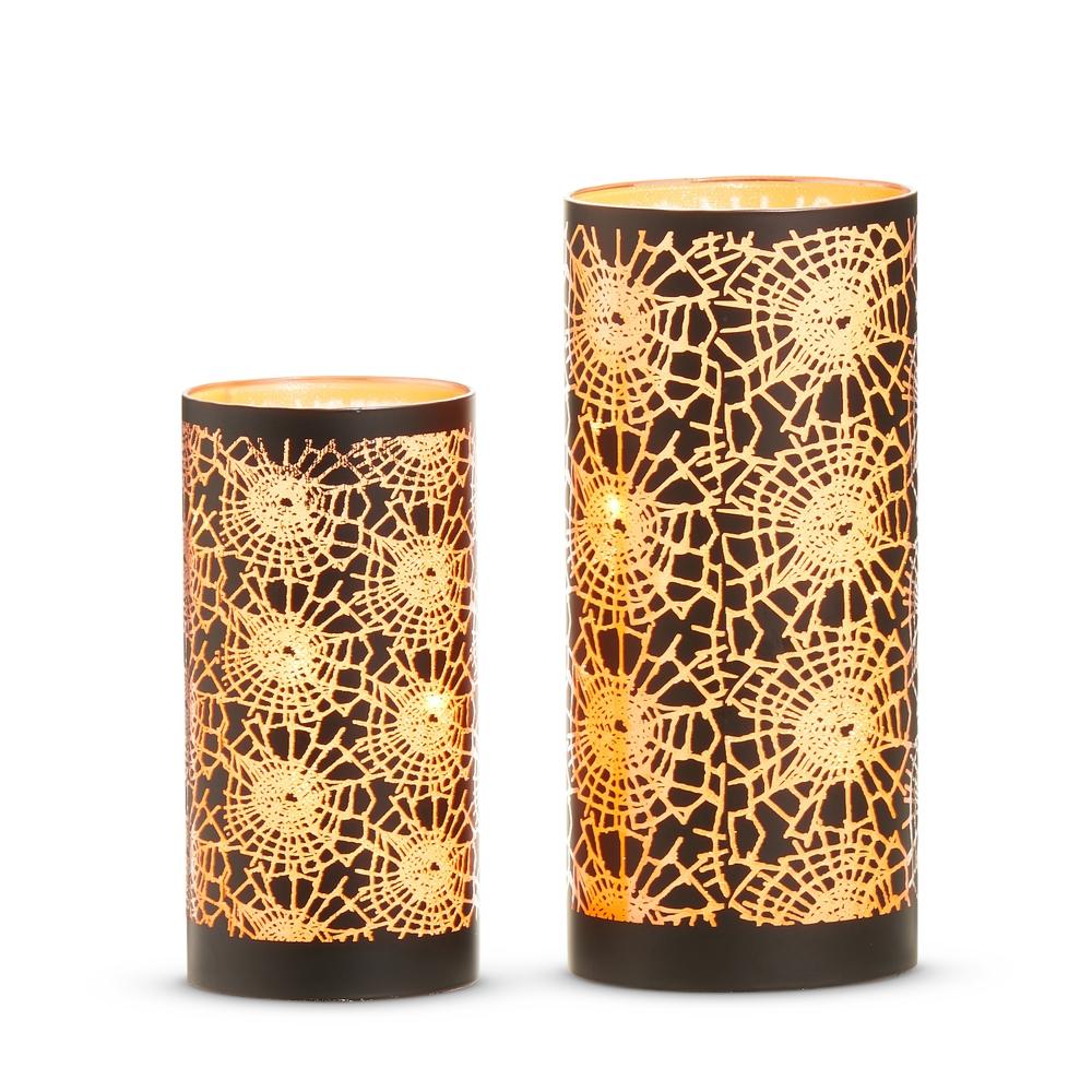 RAZ Imports 8" Lighted Orange and Black Crackled Cobweb Lanterns