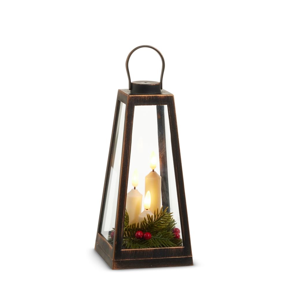 RAZ Imports 9.25" Distressed Lantern with Candles and Greenery