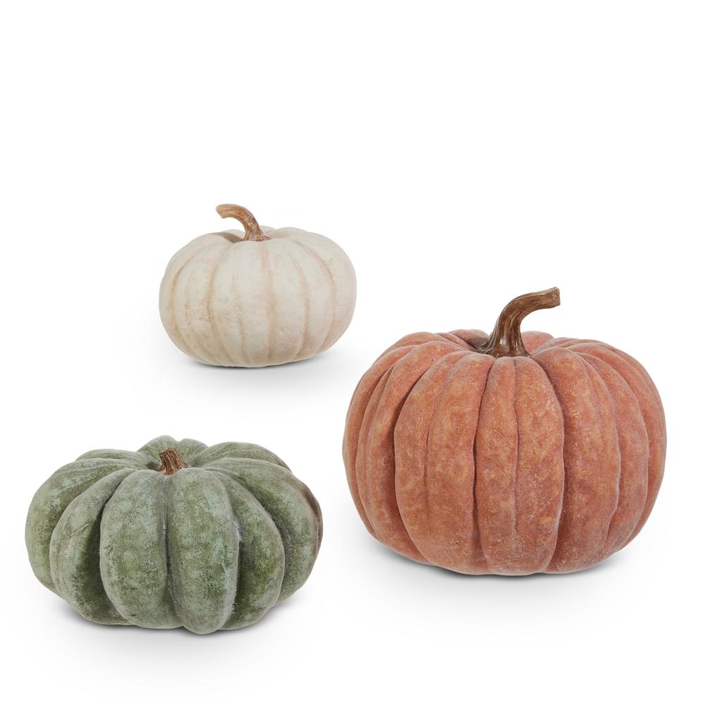 RAZ Imports 9.5" Orange Green and Cream Flocked Pumpkins