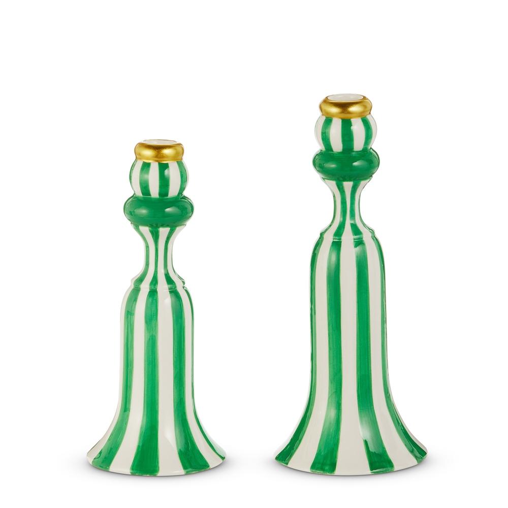 RAZ Imports 10" Green Stripe Candlesticks