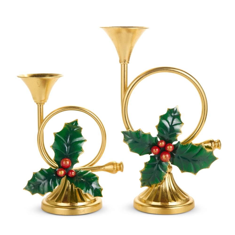 RAZ Imports 12" French Horn with Holly Candlesticks