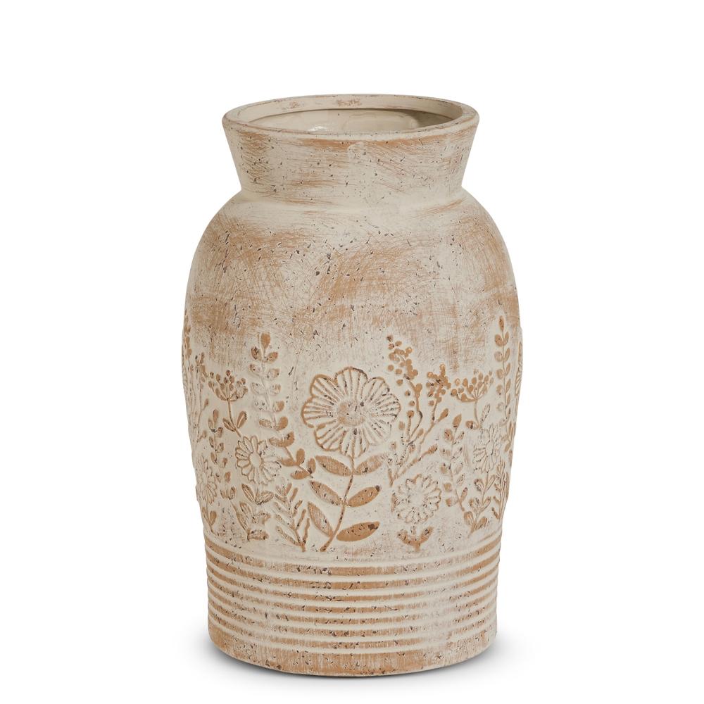 RAZ Imports 12" Whitewash Floral Embossed Vase