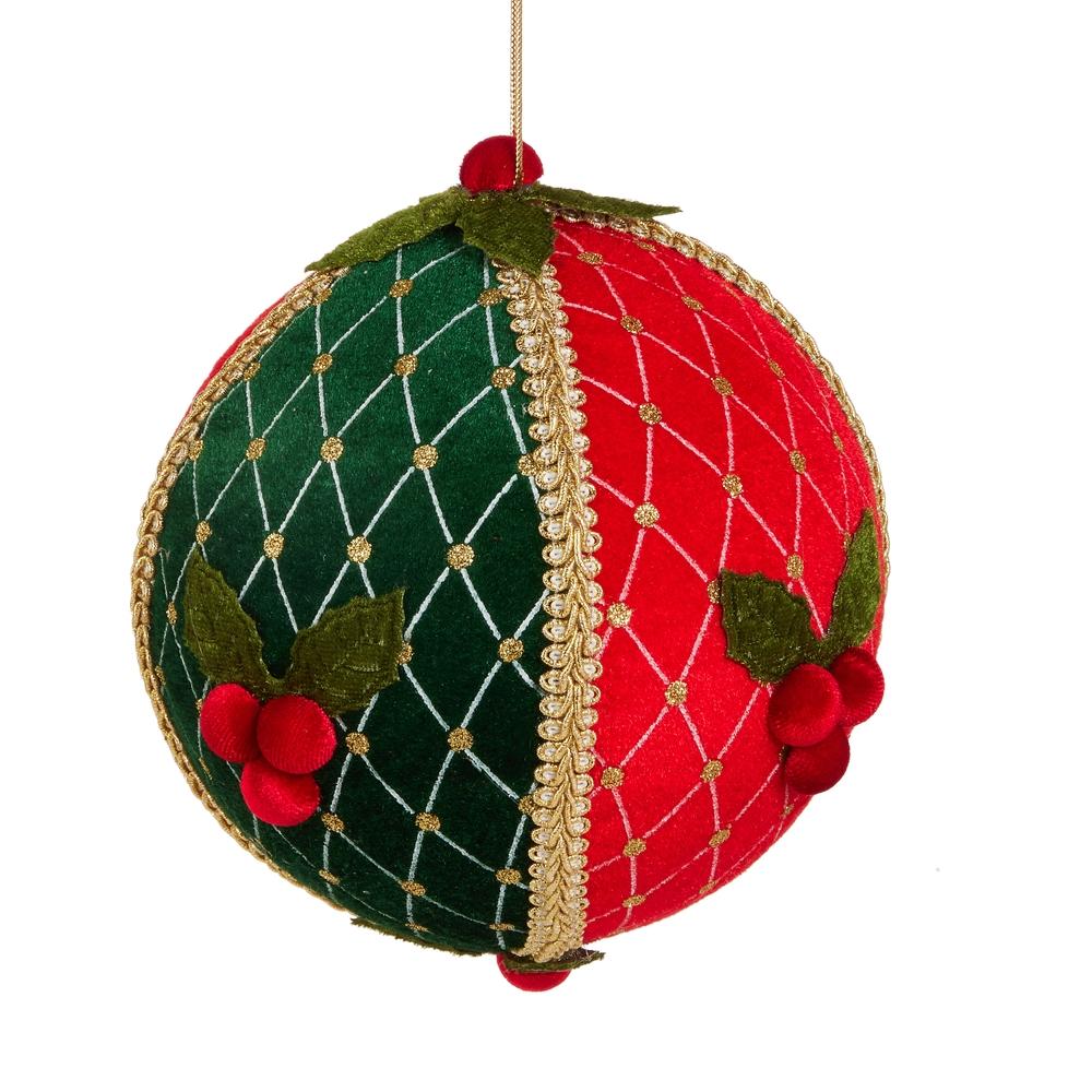RAZ Imports 6" Red and Green Velvet Ball Ornament