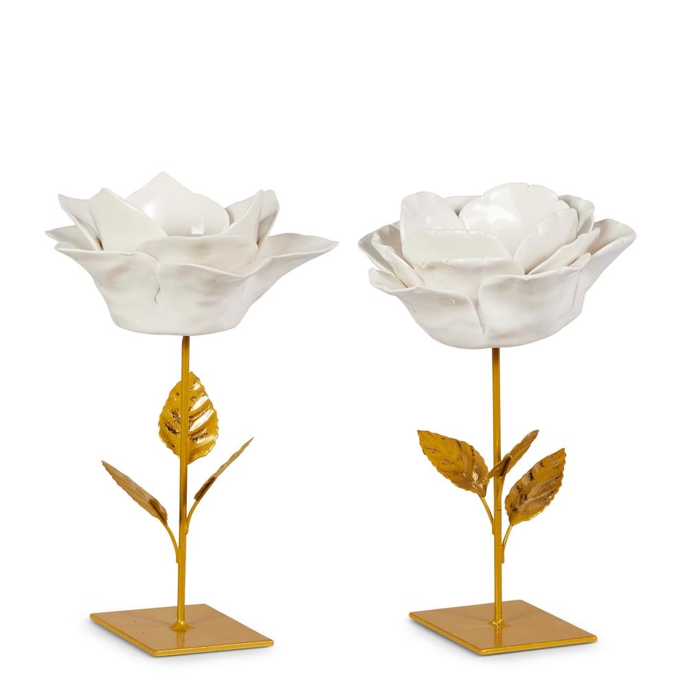 RAZ Imports 8" White and Gold Flower Candle Holder