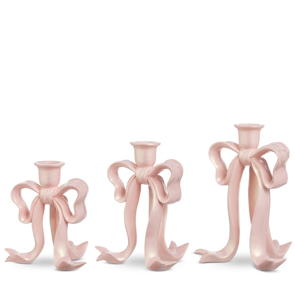 RAZ Imports 9" Pink Pearlescent Bow Candlesticks