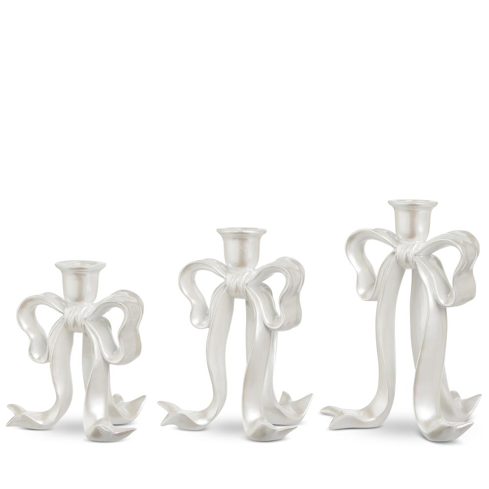 RAZ Imports 9" White Pearlescent Bow Candlesticks