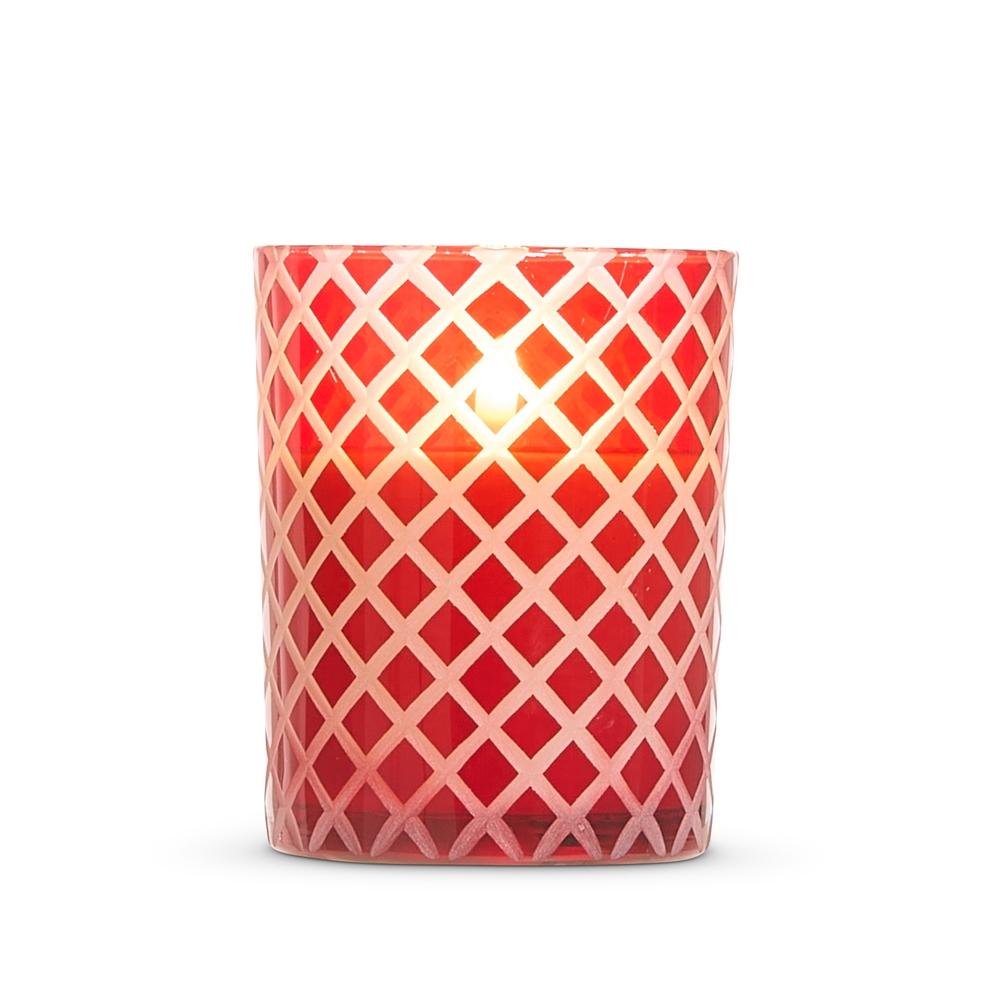 RAZ Imports *DC* 4" X 5" Red Glass Etched Candle