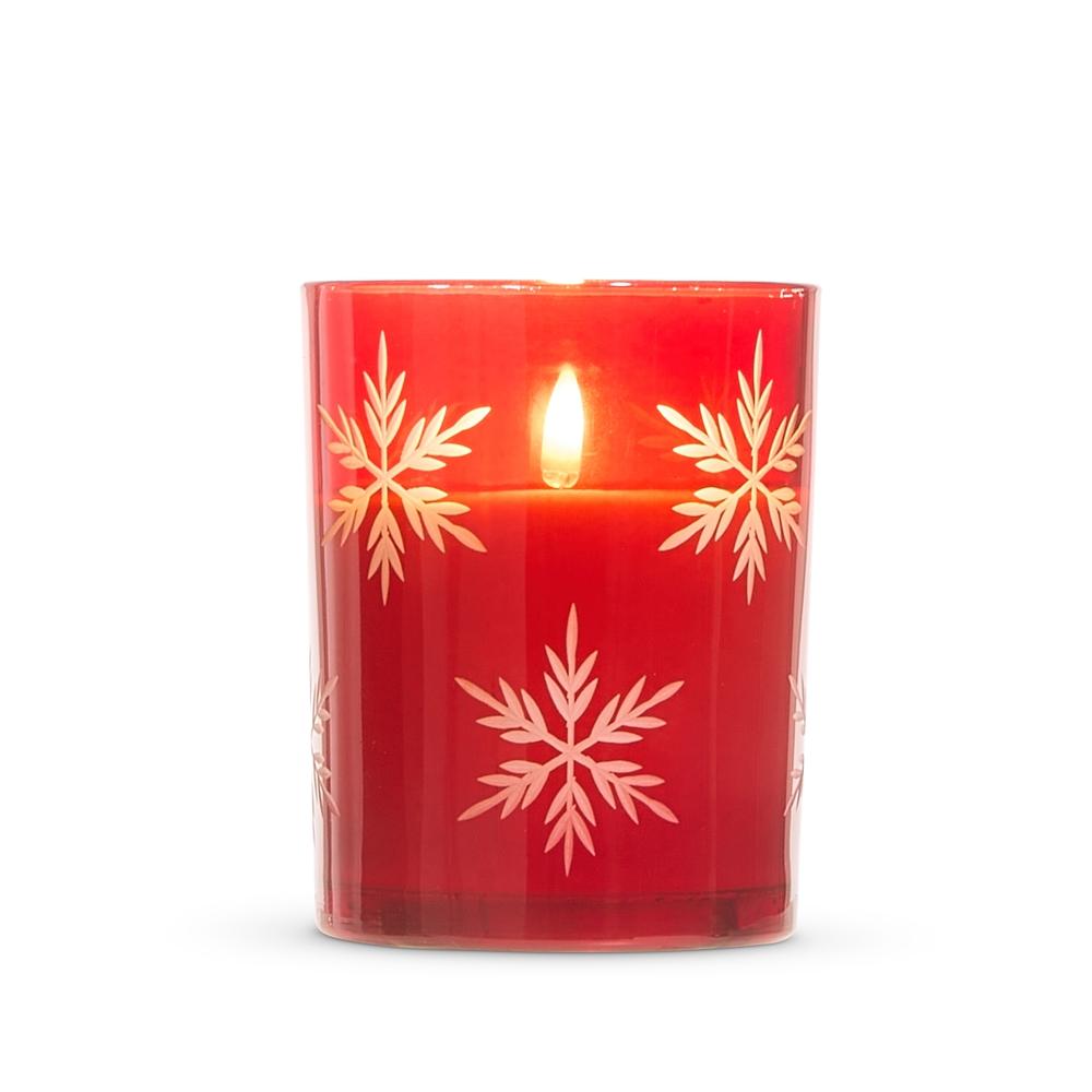 RAZ Imports *DC* 4" X 5" Red Glass Snowflake Candle