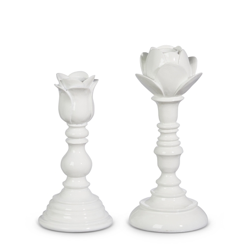 RAZ Imports *SB* 8" White Floral Candle Sticks