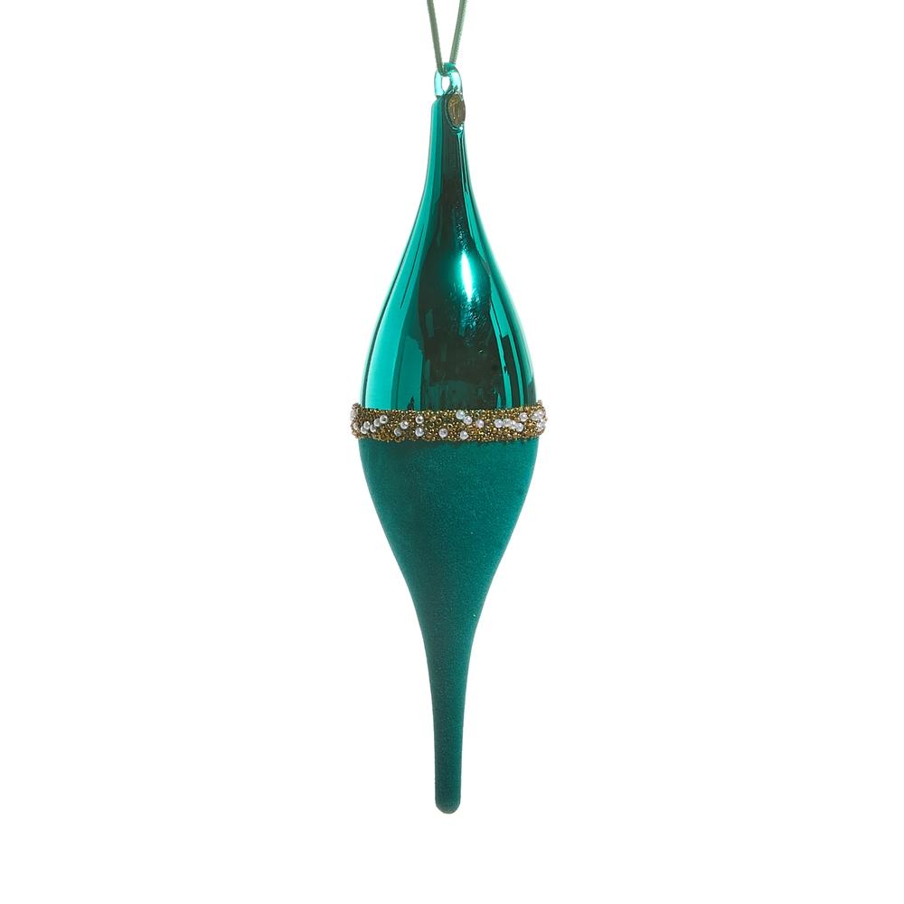 RAZ Imports *SB* 10" Teal Pearl Banded Velvet Finial Ornament