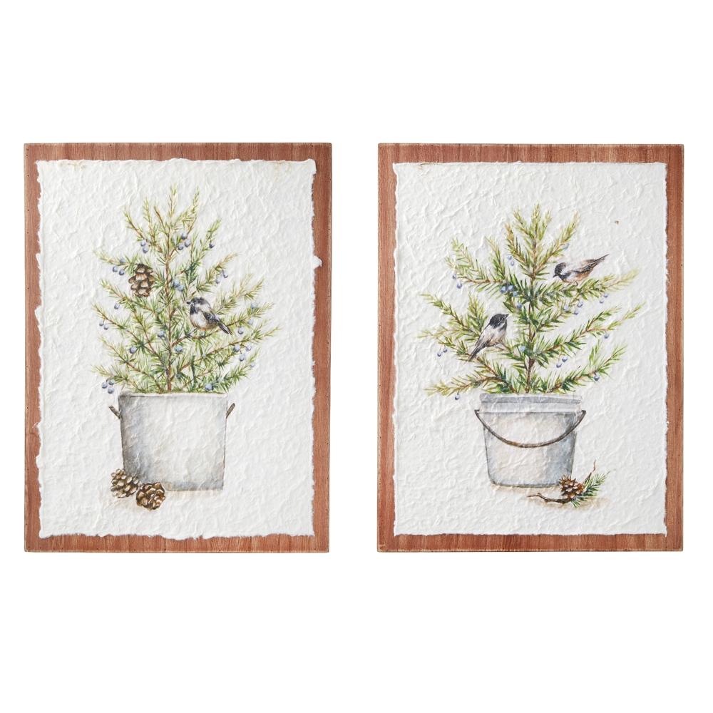 RAZ Imports *SB* 15.75" Potted Tree with Chickadees Textured Paper on Wood Wall Art
