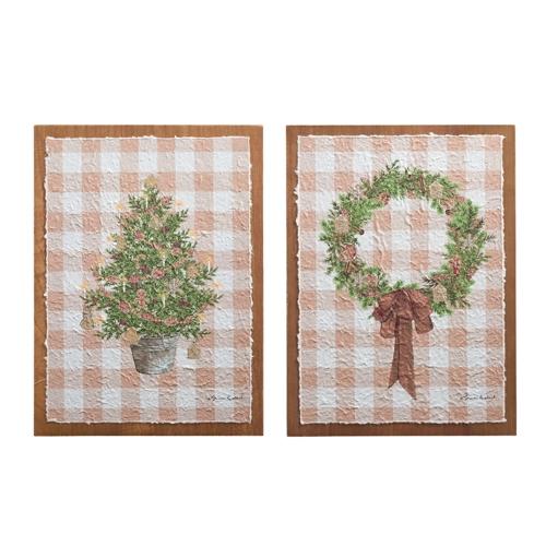 RAZ Imports *SB* 18" Gingerbread Gingham Greenery Textured Paper on Wood Wall Art