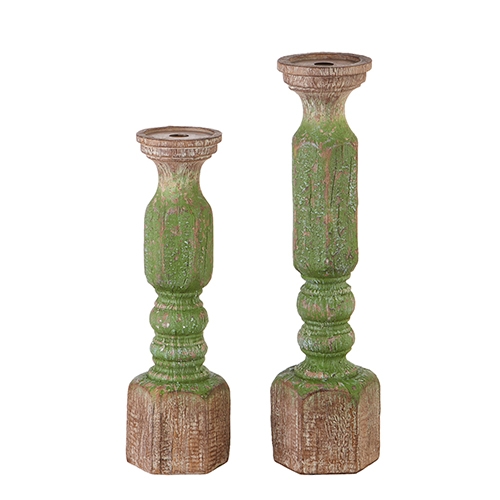 RAZ Imports *SB* 19.25" Green Wood Embossed Candle Holders