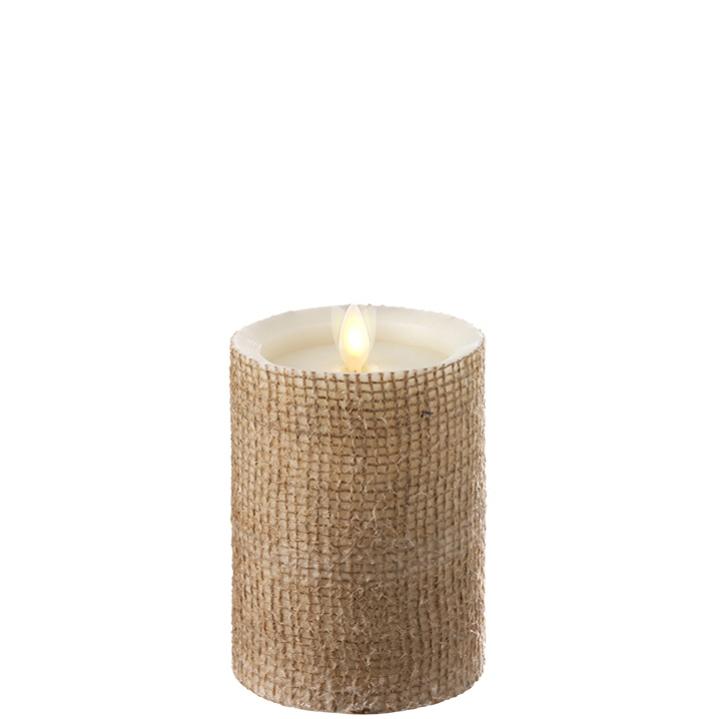 RAZ Imports *SB* 3.5" x 5" Moving Flame Burlap Pillar Candle