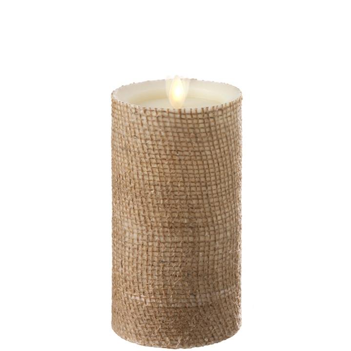 RAZ Imports *SB* 3.5" x 7" Moving Flame Burlap Pillar Candle