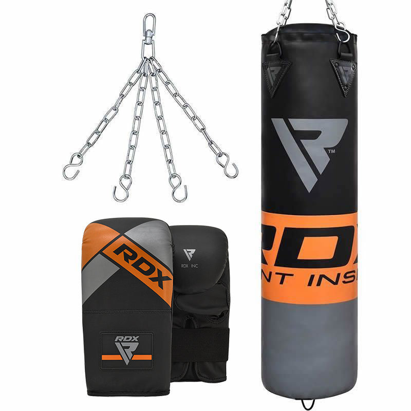 rdx sports RDX F12 4ft / 5ft 3-in-1 Punch Bag & Mitts Black / Orange / Gray / White Set