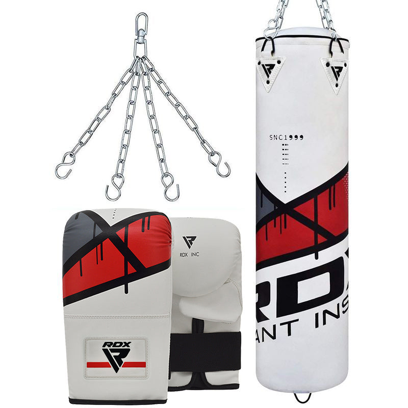 rdx sports RDX F7 4ft / 5ft 3-in-1 Ego White / Red Training Punch Bag with Mitts Set