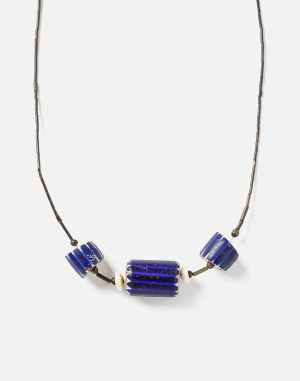 re done 70s Seed Bead Cord and Ceramic Bead Necklace Blue