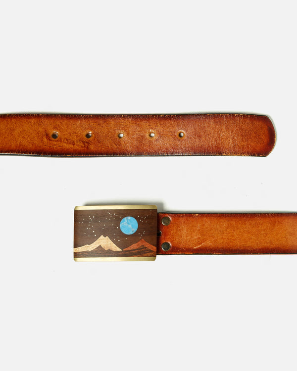 Re Done 70s Wood And Turquoise Inlay Buckle On Embossed Landscape Belt Brown