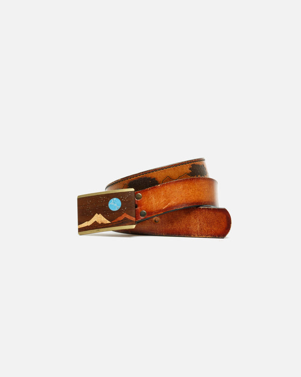 Re Done 70s Wood And Turquoise Inlay Buckle On Embossed Landscape Belt Brown