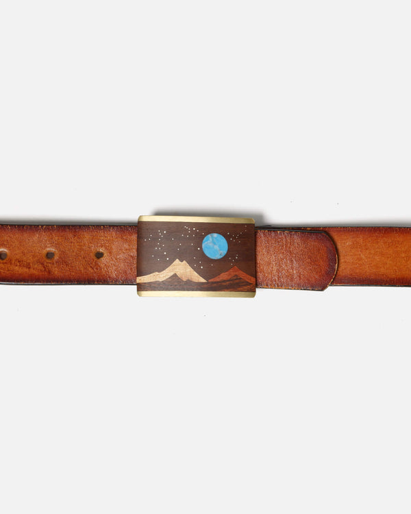 Re Done 70s Wood And Turquoise Inlay Buckle On Embossed Landscape Belt Brown