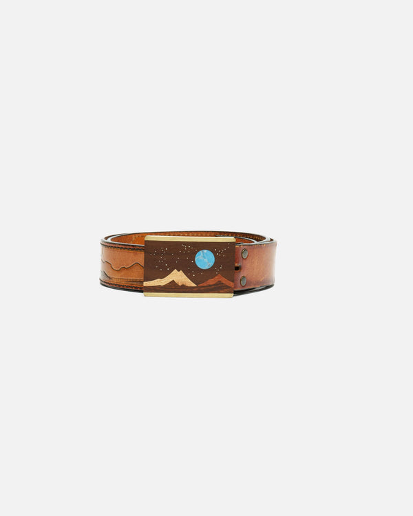 re done 70s Wood and Turquoise Inlay Buckle on Embossed Landscape Belt Brown