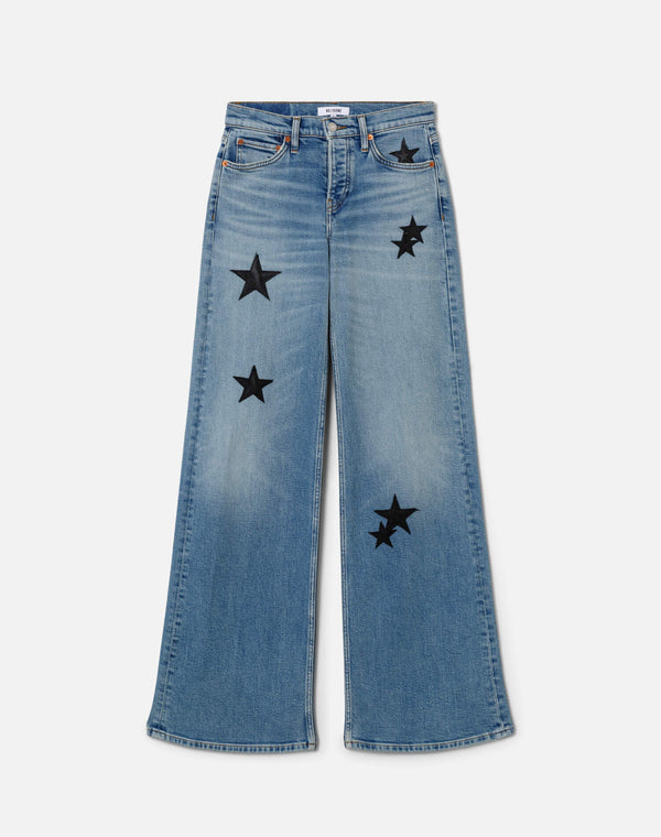 Re Done Comfort Stretch Mid Rise Wide Leg Opal Indigo Star