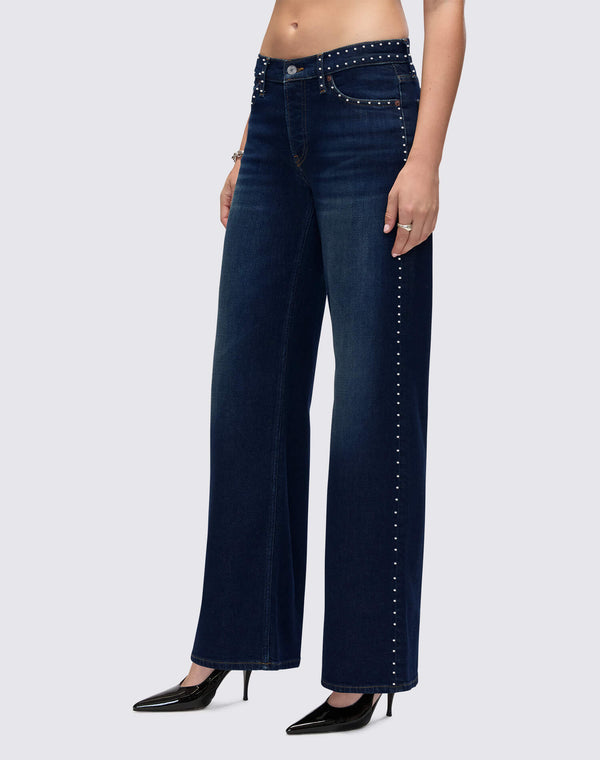 Re Done Comfort Stretch Studded Mid Rise Wide Leg Barely Worn Stud