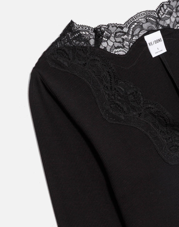 Re Done Lace V Neck Long Sleeve Black