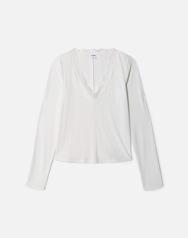 re done Lace V Neck Long Sleeve Off White