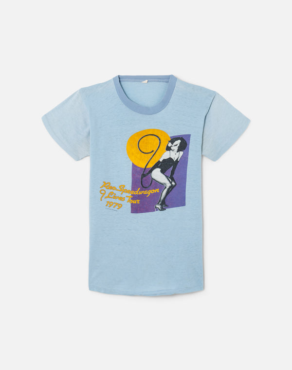 re done Reo Speedwagon 9 Lives Tour 1979 Tee Blue